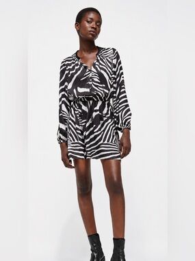 The Kooples Zebra Print Long Sleeve Split Neck Tassel Mini Dress Black White NEW